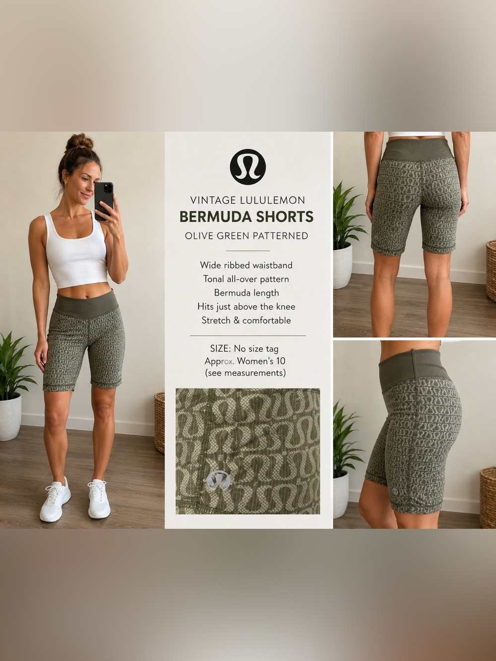 Vintage Lululemon Bermuda Shorts Olive Green Patterned Y2K Approx 10